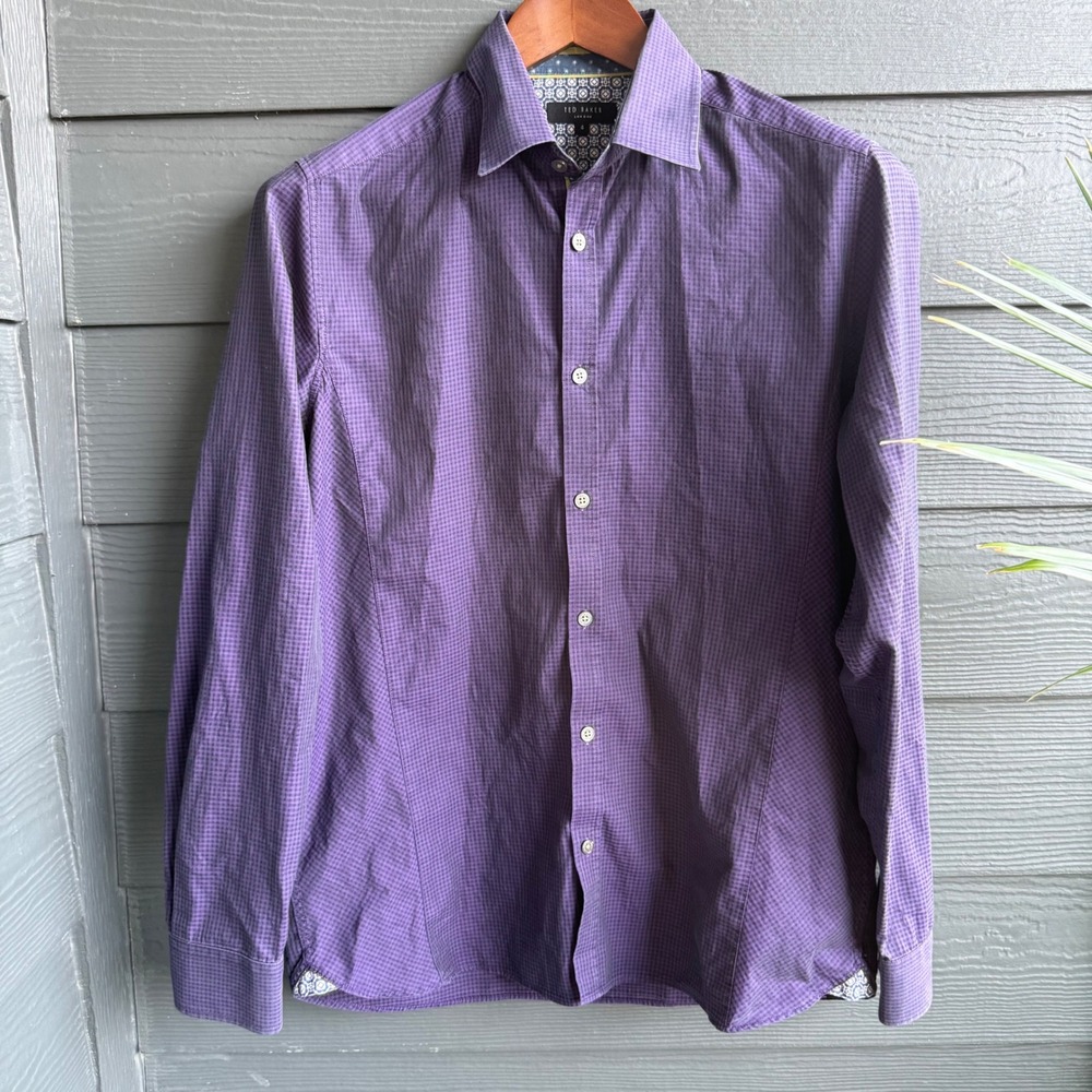 Ted Baker London Purple Check Dress Shirt 100% Cotton Button Front Size 4